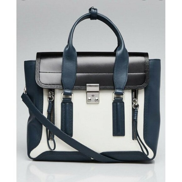 Phillip Lim Pashli Tri Color Mini Satchel Bag Blue Black Cream Silver Ha… - Picture 1 of 12